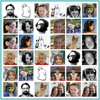 A 6x6 grid of low-resolution images. They're mostly family, friends, and pets, plus Glenda and the pjw 9-ball image.
